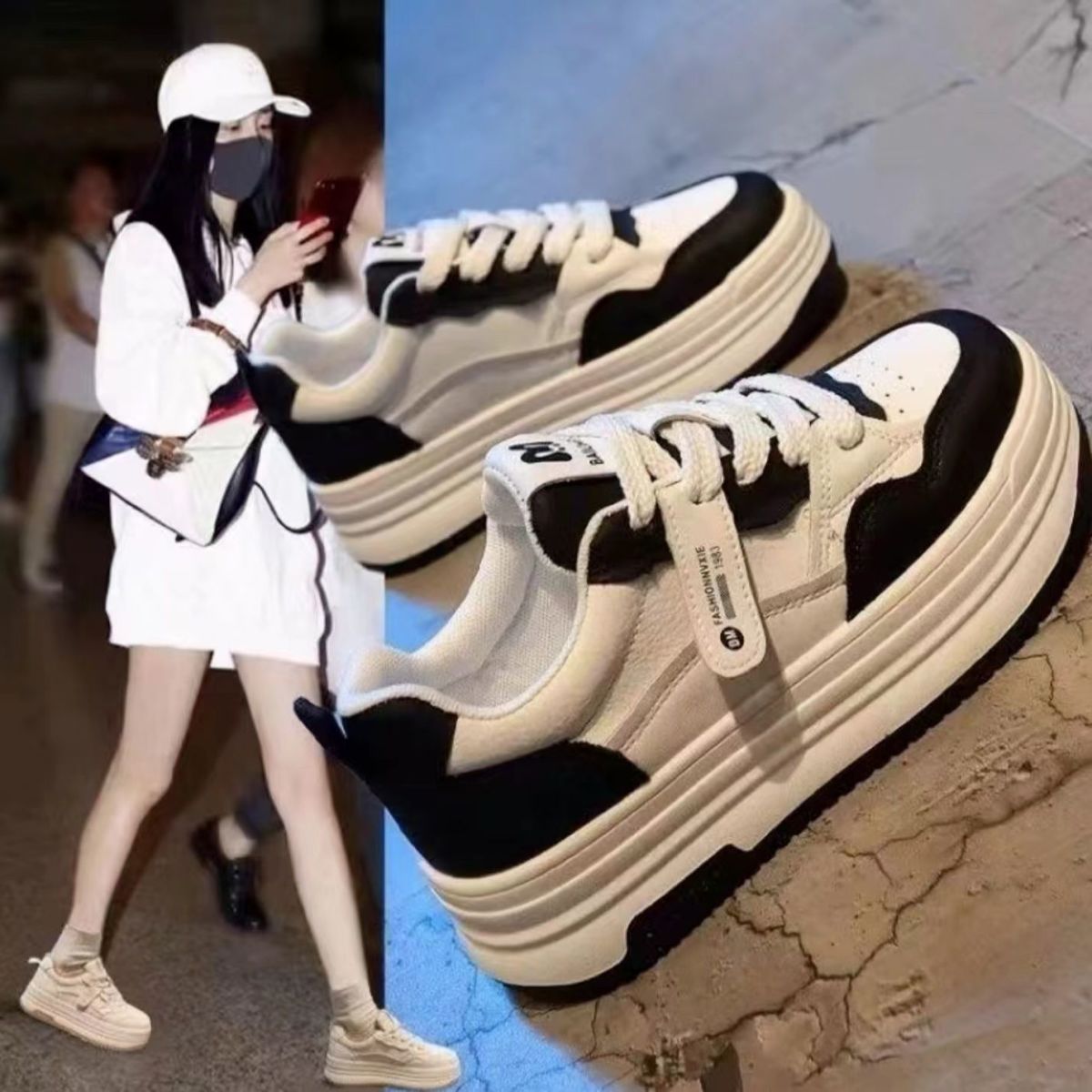 Zapatos de skate para mujeres 2024 nuevos zapatos de muffin de soleas gruesas de otoño todos los tipos de deportes casuales Panda nicho explosivo zapatos blancos pequeños