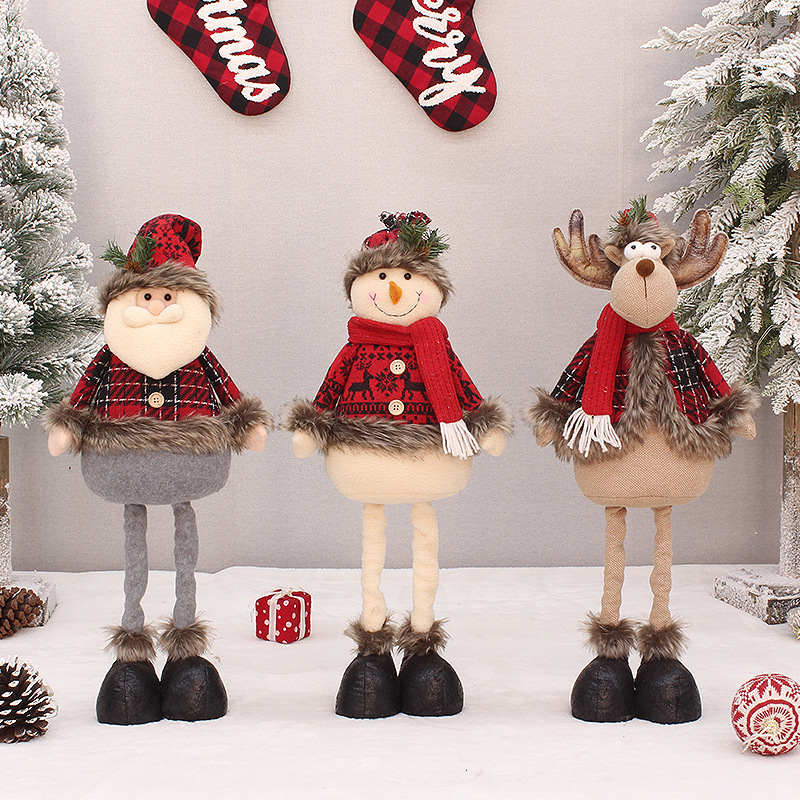 Navidad nuevo largo pelusa tela a cuadros rojos ancianos muñeco de nieve ELK muñeca decoración Navidad decoración suministros