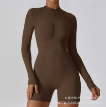 跨境肤感开领半拉链速干长袖舞蹈健身服运动连体衣性感紧身瑜伽女