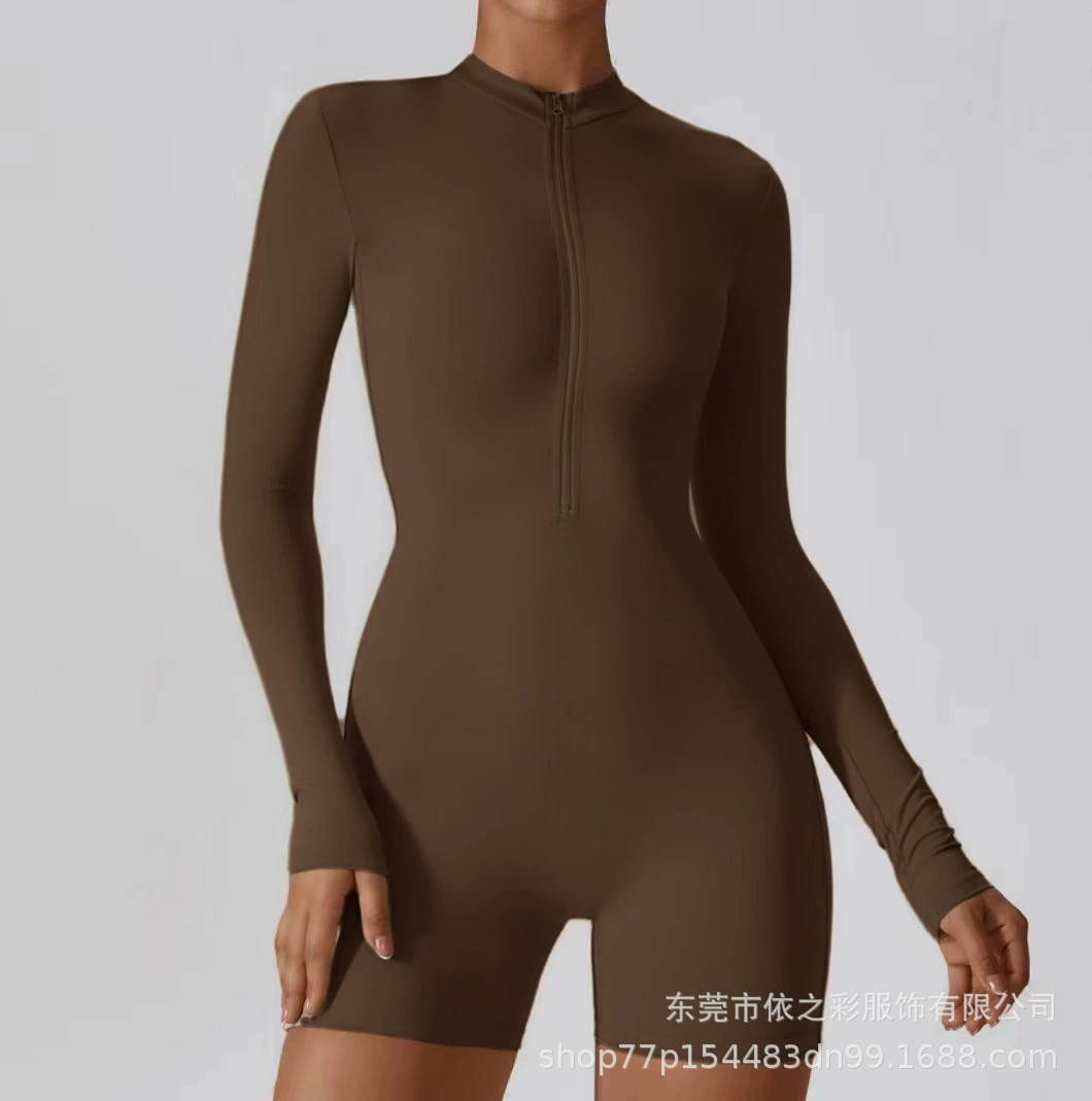 Спортивный костюм-комбинезон для танцев и фитнеса, облегающий, с длинными рукавами, быстросохнущий, с открытой горловиной и полузастежкой-молнией, с эффектом «кожа на коже», сексуальный, для женщин.