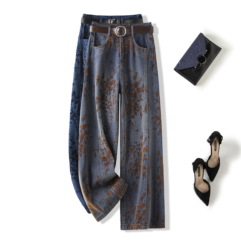 [Super High Quality] Designer Heavy Jacquard Jeans with Flocked Texture, Straight Denim, High Waist and Slimming Look