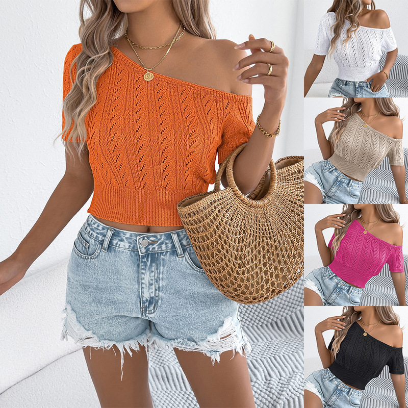 Spring and Summer Casual Open-shoulder Hollow-out Twist Short-sleeved Sweater Vacation Short Umbilical Top Amazon Cross-border Women's Clothing