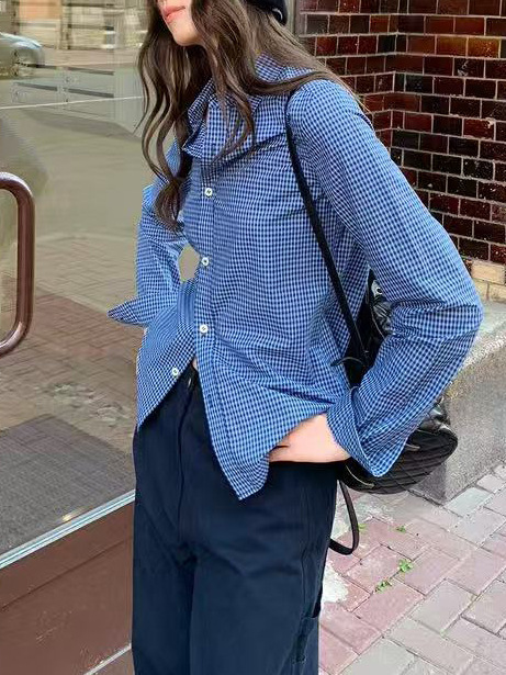 Miu式叠穿上衣棉经典蓝白格纹衬衫女四季穿搭百搭长袖衬衣|undefined