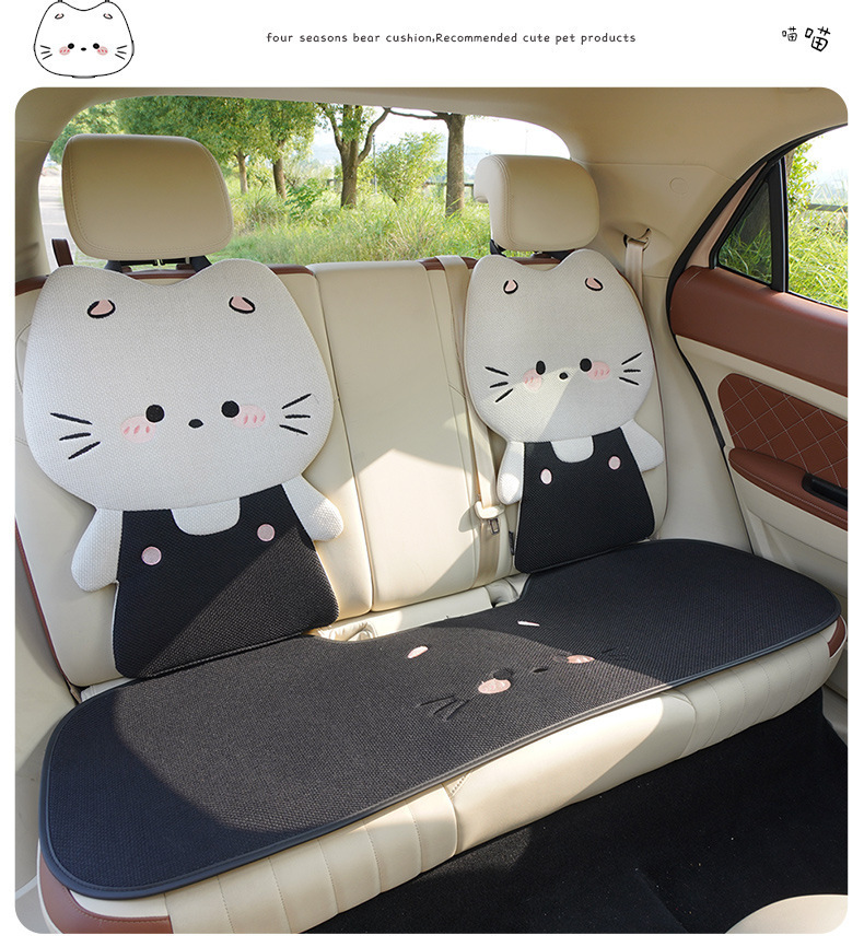 Internet Celebrity Car Seat Cushion for All Seasons, Linen Breathable Car Rear Seat Cushion, Cute Cat Cartoon Seat Cover for Women