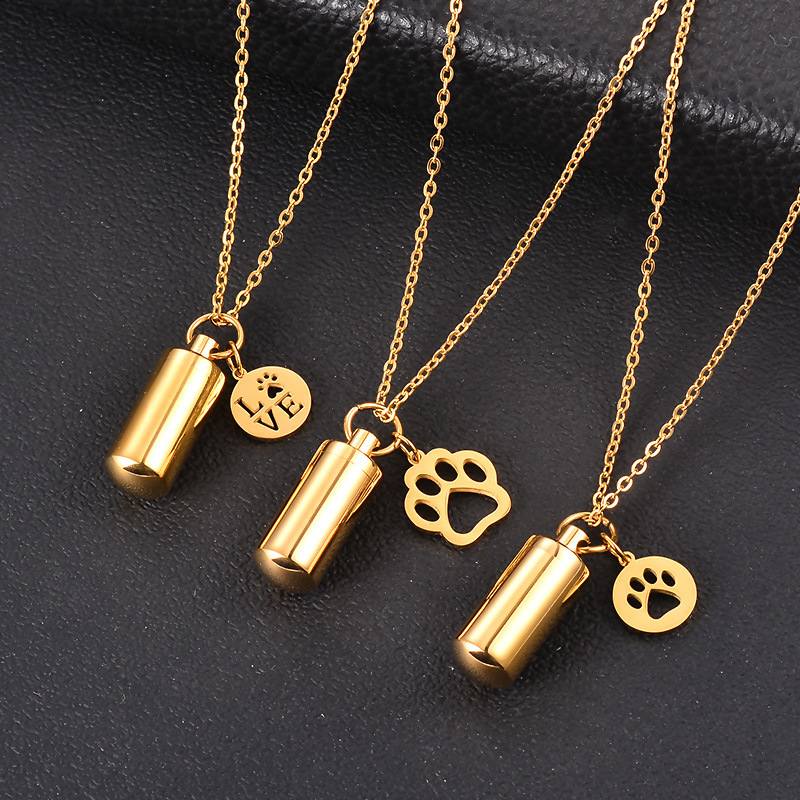 Cross-Border Hot-Selling Stainless Steel Small Cylindrical Electroplated Gold and Silver Pet Ashes Pendant Commemorative Necklace in Stock