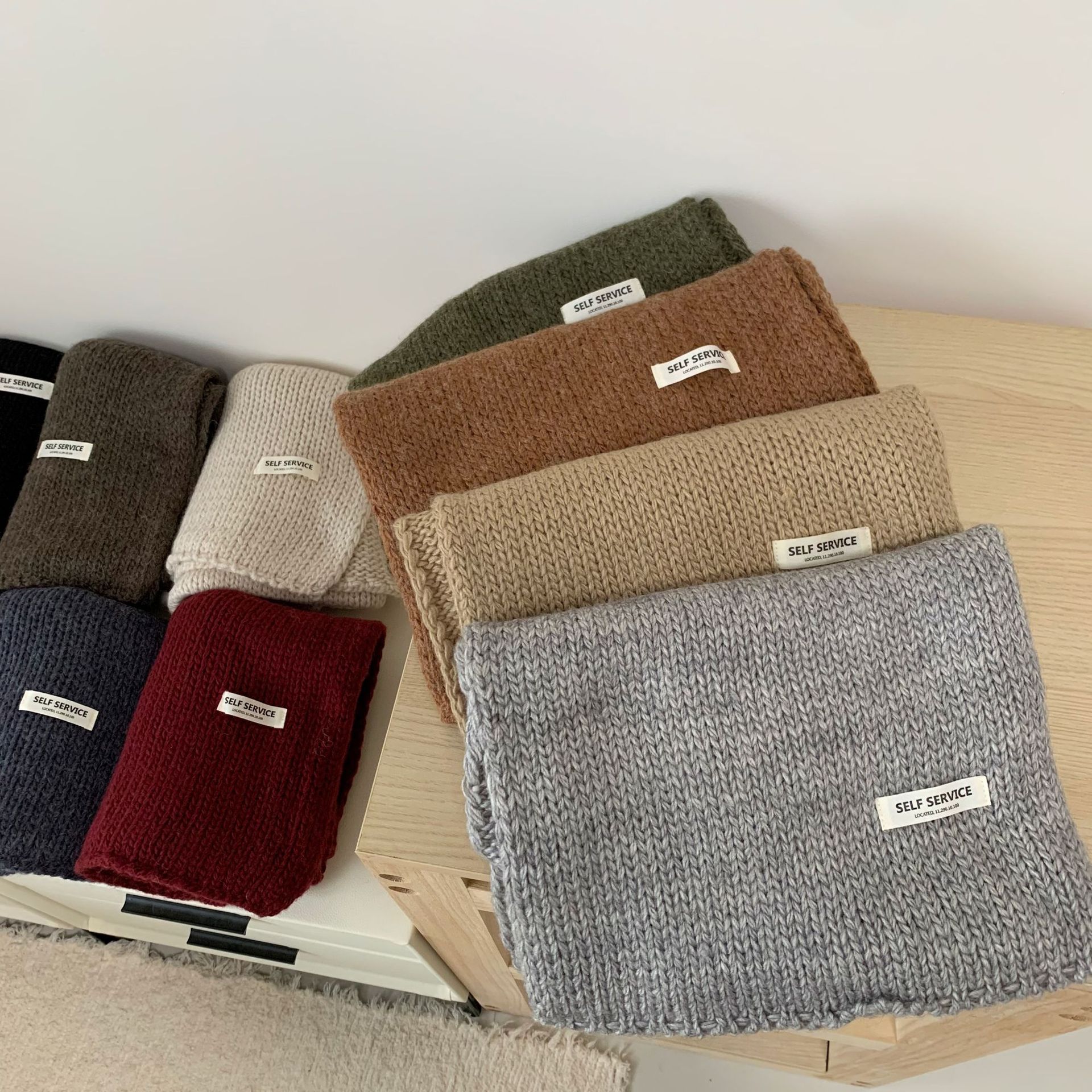 韩国代购同款含羊毛纯色粗棒针织围巾蓝色绿色情侣百搭女士秋冬男