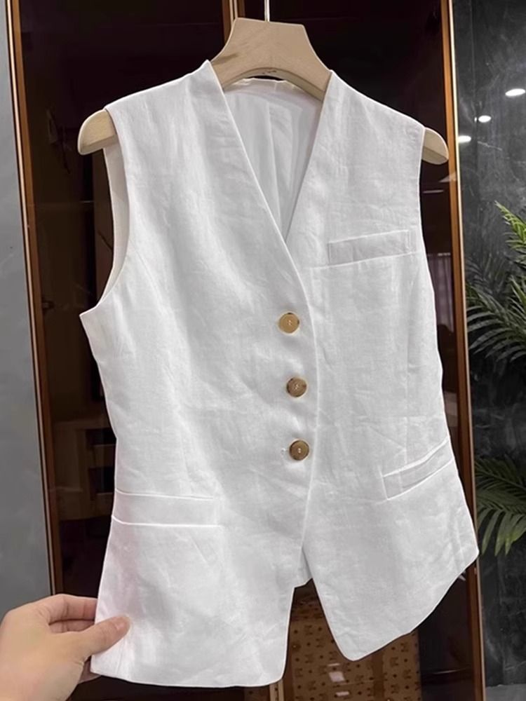 Old Money Style White Linen Suit Vest Women's Spring and Summer Retro Collar Cotton and Linen Waistcoat Vest