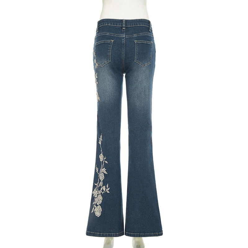 Rose Embroidery Retro Gradual Change Niche Slightly Spicy Jeans American Hot Girl Street Low Waist Thin Personality Trousers_ecoleips.com