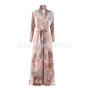 Miyake Cardigan Jacket Autumn Middle East Cross-Border Hot Selling Outer Robe Printed Lace-Up Large Size Muslim Dubai Robe Women's Clothing