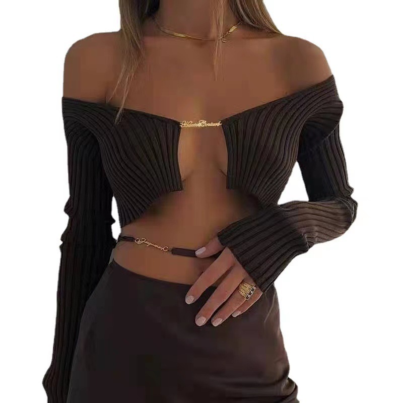 Hot European and American Deep V Low-Cut Sexy Metal Letters Fashionable Open-Shoulder Cardigan Top Women's Slim Ultra-Short Shawl