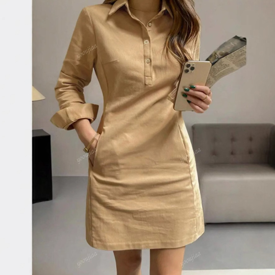 2025欧美女式性职业裙长袖衬衫背心裙休闲宽松纯色纽扣口袋优雅短