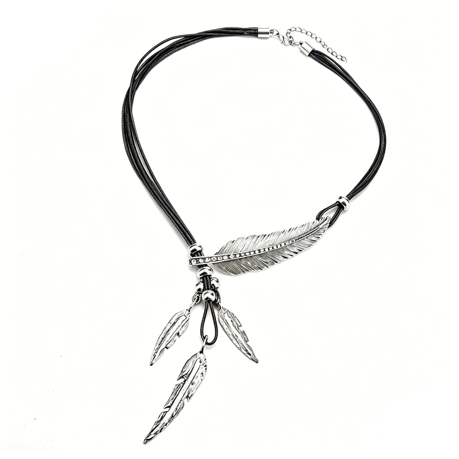 Multi-layer Feather And Leaf Rhinestone Tassel Necklace In Black_voghion.com