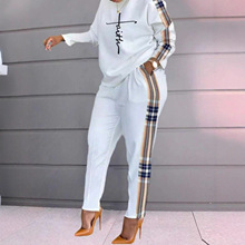 欧美亚马逊女装外贸秋季休闲休闲时尚宽松春秋女装套装条纹撞色