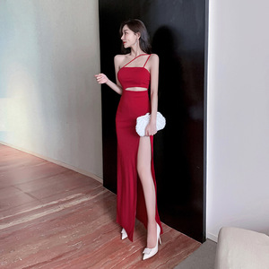 Sexy strapless strapless， high slit floor length skirt for women