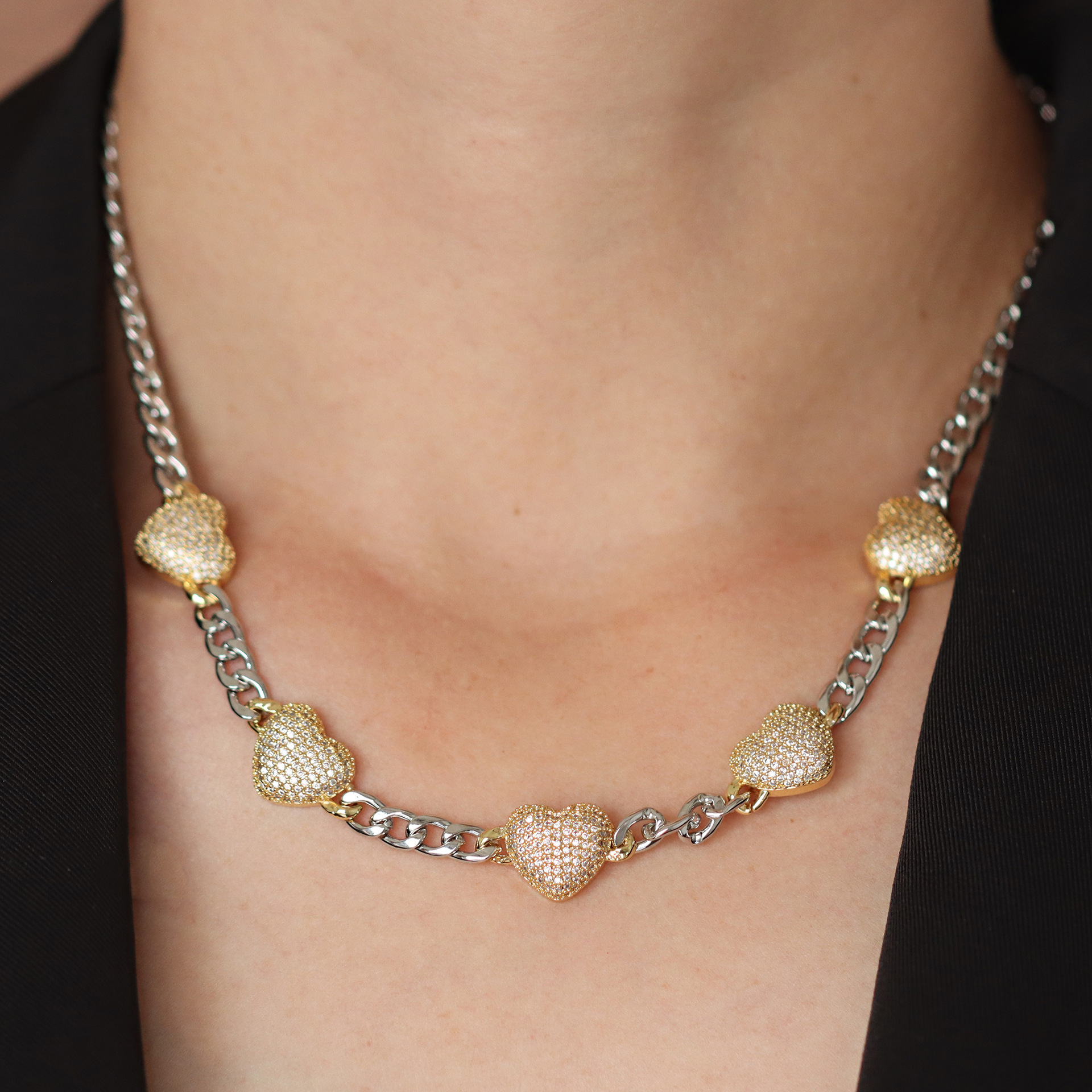 Copper Chain Material Wholesale Jewelry Exaggerated Heart Shape Copper Mixed Metal Necklace