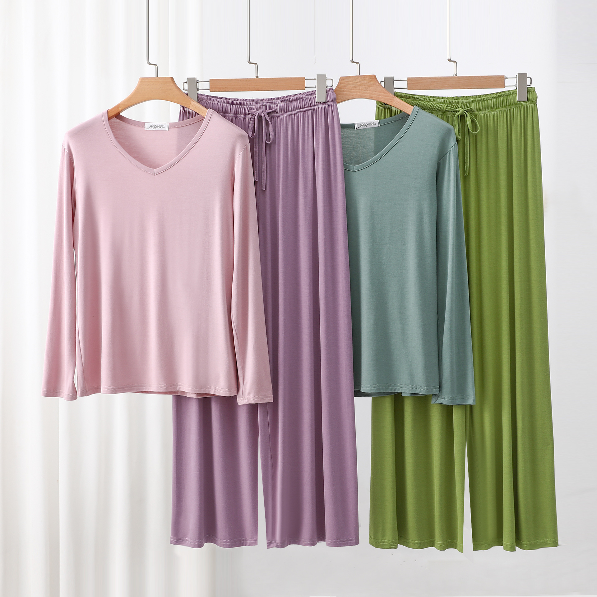 比特棉时尚拼色大码休闲套装春秋款V领长袖T恤系带阔腿裤两件套