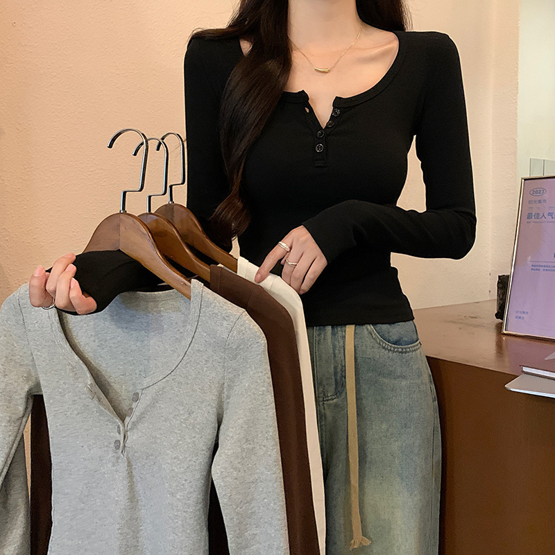 긴팔 티셔츠 봄, 가을 얇은 슬림 솔리드 컬러 바닥 셔츠 한국 스타일 여성 하프 오픈 칼라 슬림 티셔츠 여성 버튼 탑