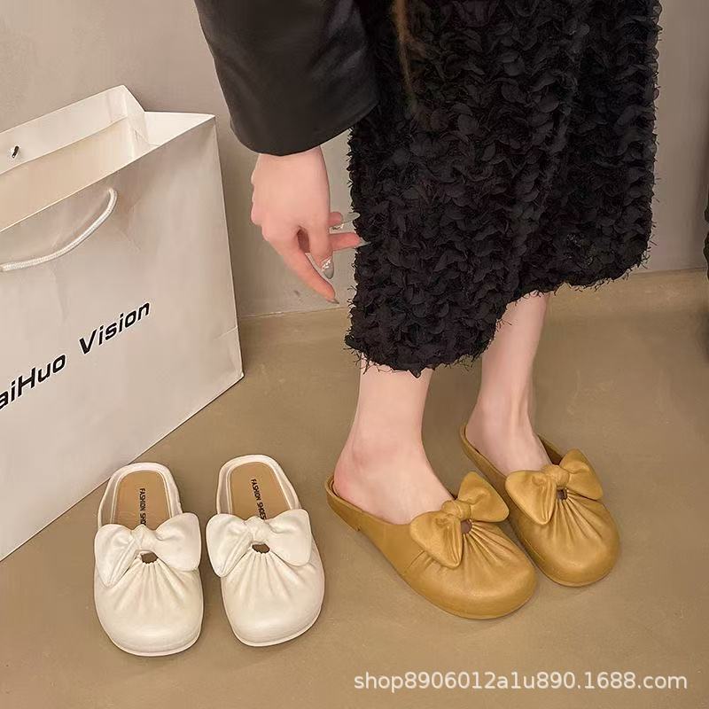 Spring and Summer New Women's Shoes, Four-Season Single Shoes, Soft-Soled Bow-Knot Classic Breathable Middle-Aged and Elderly Flat-Heeled Bean Shoes Wholesale