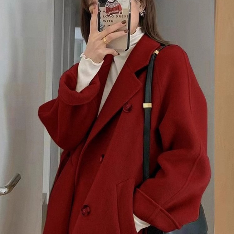 2024 Fashion All-match Red Woolen Coat Women's Autumn and Winter Bride Wedding High Design Sense Korean Hepburn Style Woolen 2024 Fashion All-match Red Woolen Coat Women's Autumn and Winter Bride Wedding High Design Sense Korean Hepburn Style Woolen