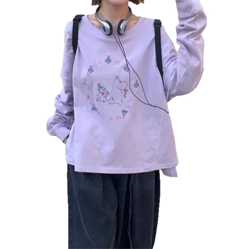 日系可爱姆明刺绣全棉圆领宽松套头卫衣 拼接开叉休闲上衣女装|undefined