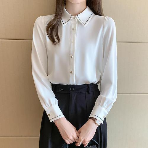 White blouse women's basic top with design sense, niche innerwear for spring 2025, chiffon long-sleeved top shirt