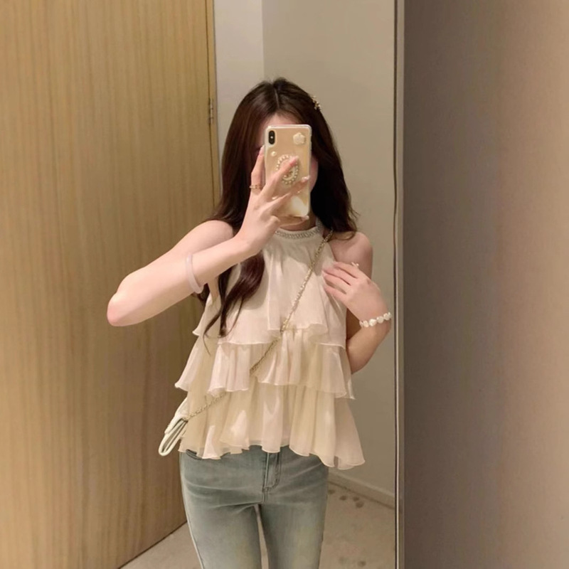Fashion 2025 Summer New Slimming Design Sense Temperament Ruffled Neck Sling Sleeveless Chiffon Shirt All-match