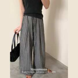 韩版复古黑白条纹休闲裤女春季新款高腰宽松直筒阔腿裤垂坠感裤子