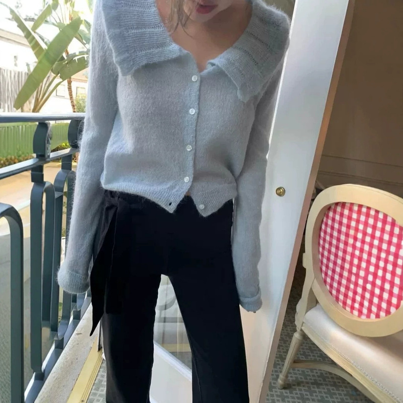 Qc Does Not Offer Returns or Exchanges 2026 Autumn New Korean Style Tan*At Sweet Solid Color Gentle Style Shell Collar Single-Breasted Knitted Cardigan
