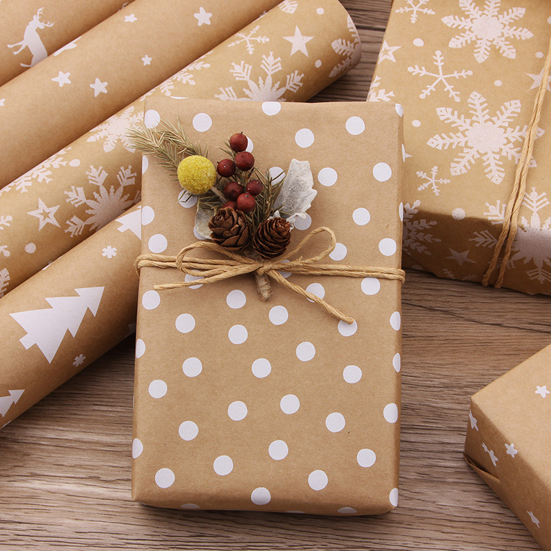 Papel de regalo navideño retro de papel kraft con diseño de copos de nieve, lunares y estrellas de cinco puntas, papel de regalo blanco especial para cajas de regalo, venta al por mayor
