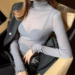 高襟の網の紗の底のシャツの女性の早秋の洋風のセーターの毛皮の中に黒いレースの紗の服の薄いタイプの透明な上着を掛けます。