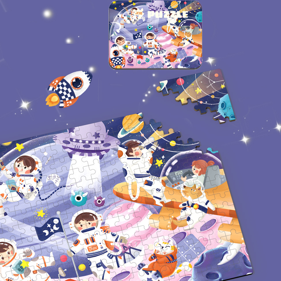 208片铁盒拼图儿童早教益智木质玩具积木卡通动漫拼版厂家批发