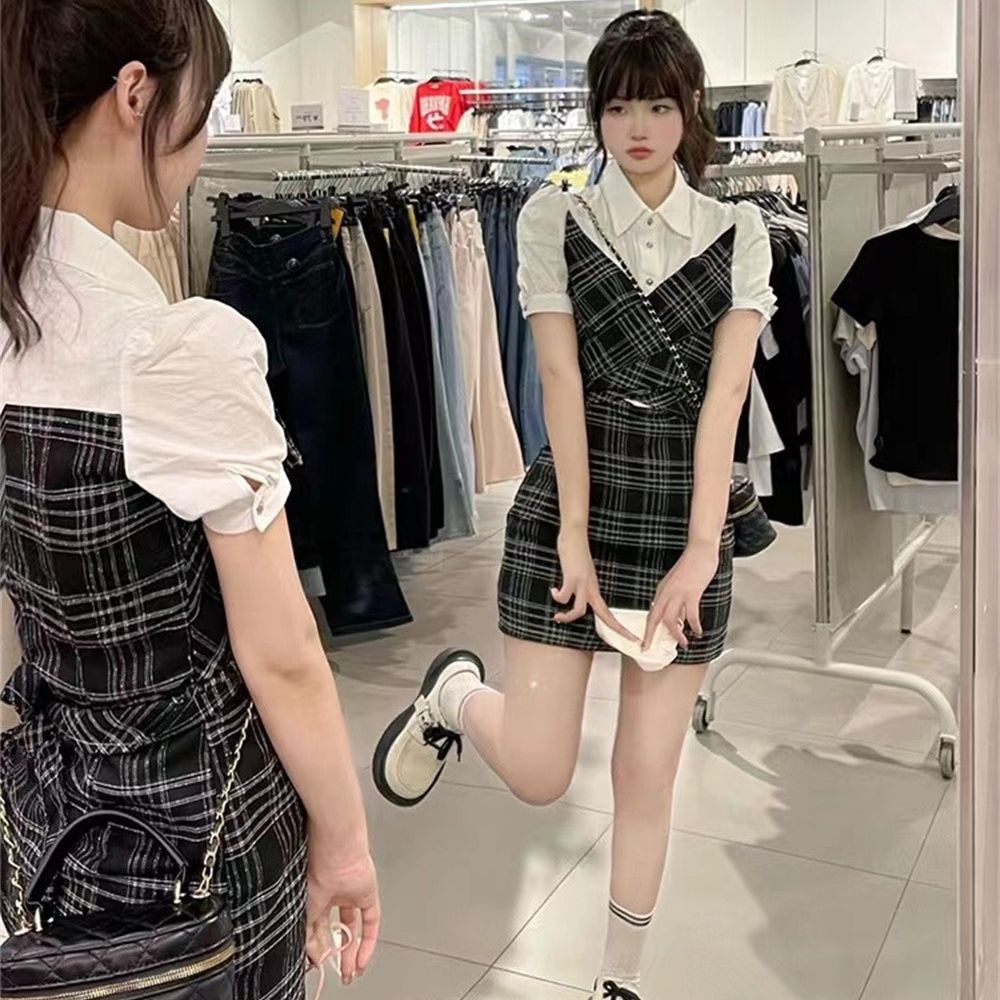 衬衫拼接格子连衣裙女夏季2026新款流行小众设计感假两件裙子跨境
