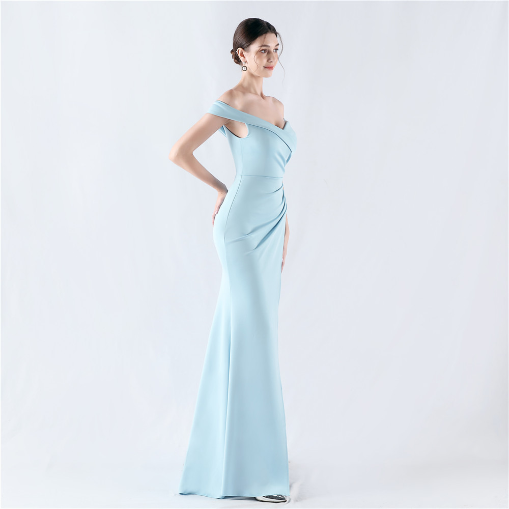 Classic off Shoulder High Fork Fishtail Satin Evening Dress