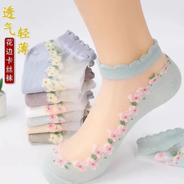 Floral Glass Silk Women's Summer Short Socks Japanese Style Cute Fresh Ins Short Socks Sweat Absorbing Invisible Breathable Socks