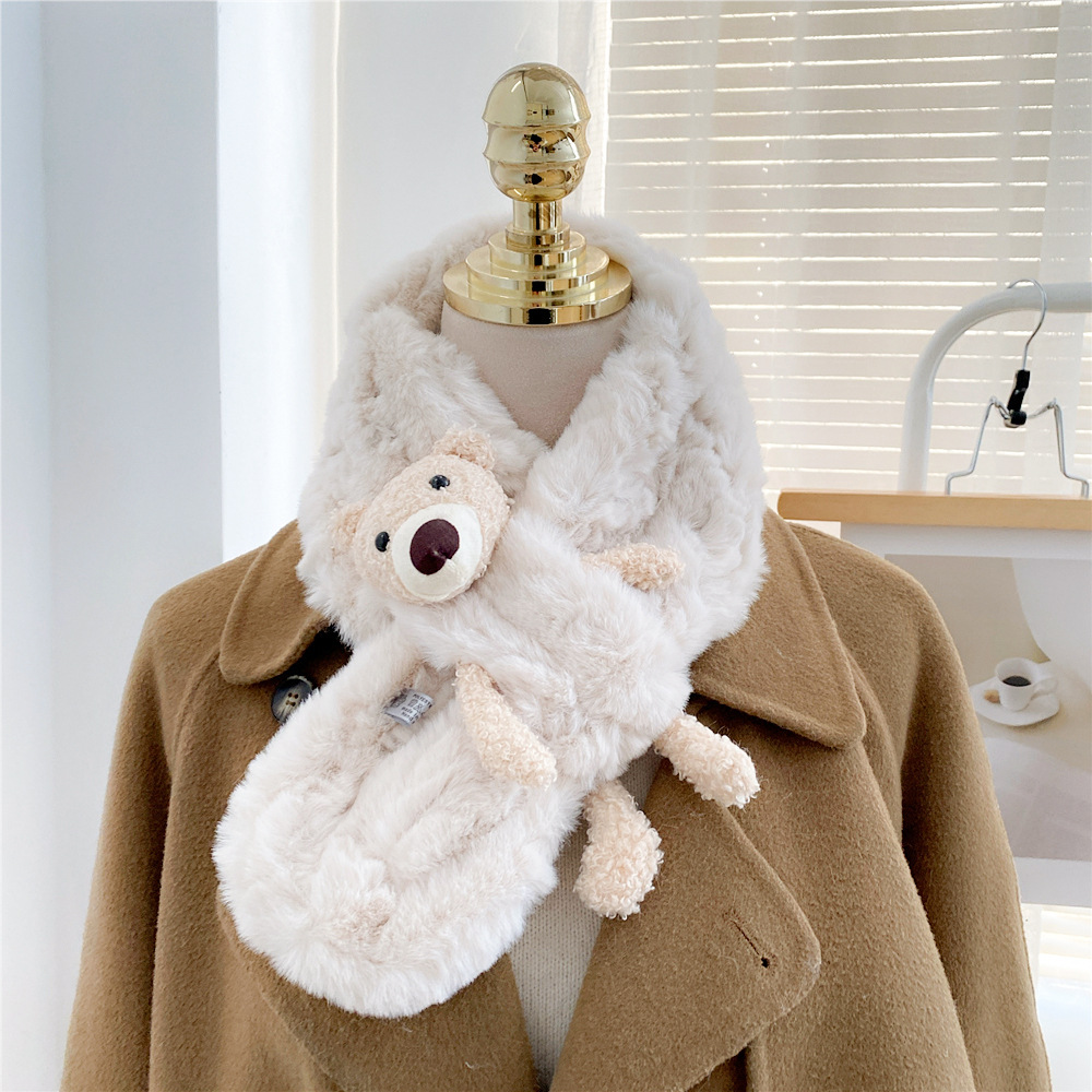 Bear Plush Bib Winter Korean Version Thickened Warmth Imitation Rabbit Fur Scarf display picture 3