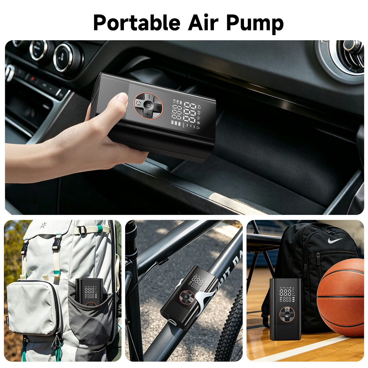 Portable Wireless Car Air Pump, Car-mounted Inflator, Electric Car Tire Inflator with Storage Compartment and Lighting