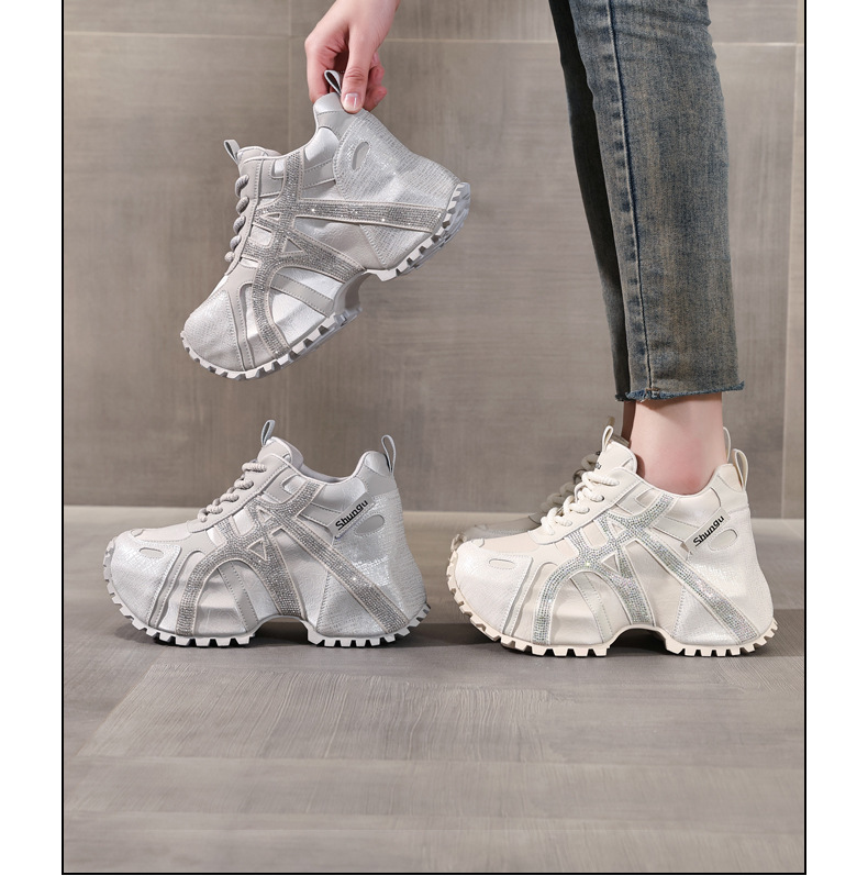 Giày sneaker nữ đế dày chunky đính đá rhinestone phong cách thể thao thời trang — màu be chi tiết 16