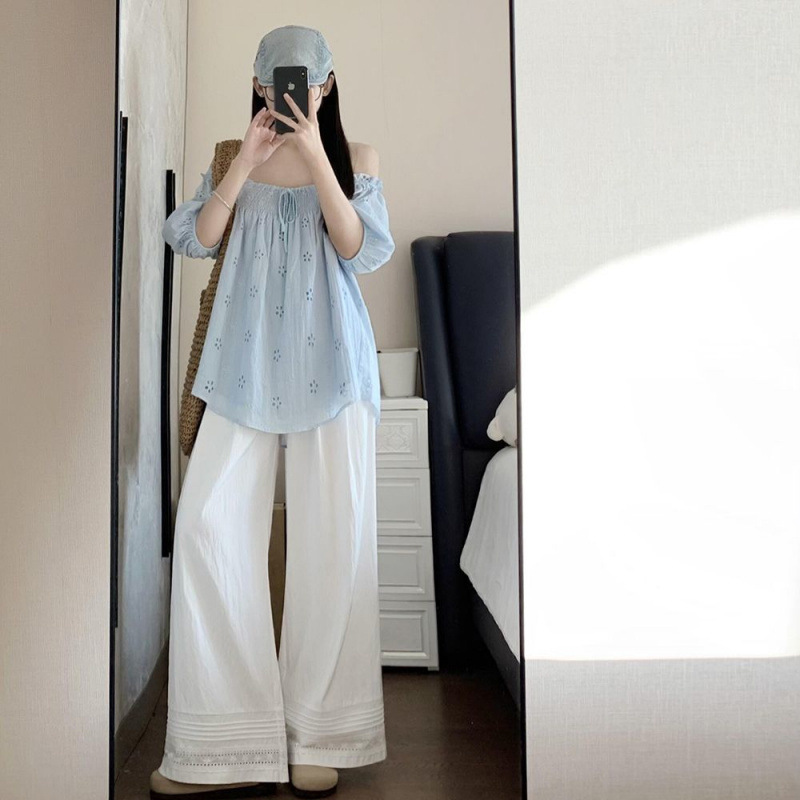 2枚/セット韓国ファッションブルー小ぶりな新鮮な刺繍ワンショルダートップ+ワイドレッグパンツ夏の新スタイル|undefined