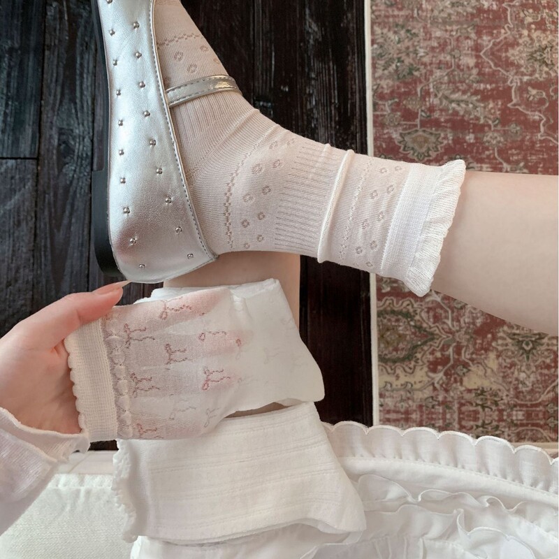 Spring and Summer Thin Socks for Women, White Ballet-Style Mesh Breathable Slouch Socks, College Style Korean Ins Seamless Women's Socks