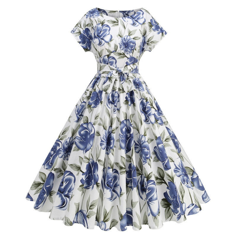 50S European and American Retro Floral Lace-Up Dress, Perfect for Photoshoots and Outings, Elegant Mid-Length Flared Dress, Light Formal Dress