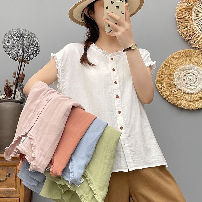 Washed Cotton and Linen Lace Round Neck Short-Sleeved Versatile Casual Style Solid Color Shirt Top Summer Thin Loose Cardigan