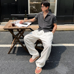 OXFREAK 「90% ラミーブレンド」オールドマネースタイル無地カジュアルパンツメンズ夏薄手ルーズストレートパンツ