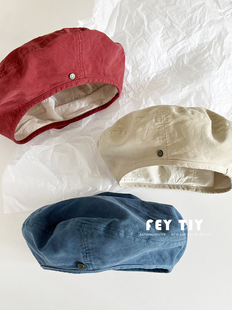 Japanese Style Washed Cotton Solid Color Small Button Beret All-Match Paints' Cap Korean Style Beige Octagonal Cap Trendy for Men and Women