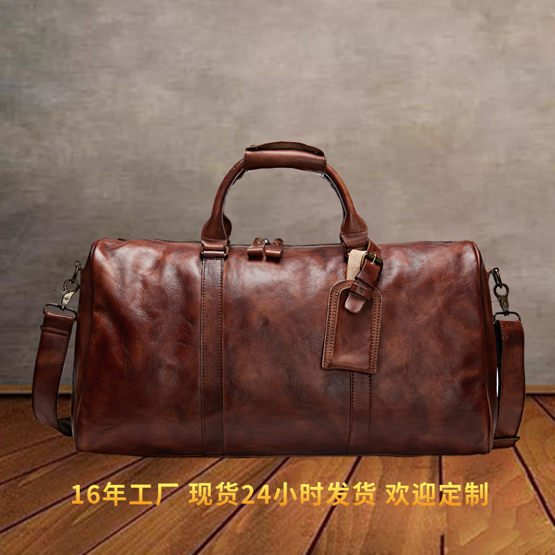 Bolso de viaje unisex de cuero transfronterizo Bolso de gimnasio de mensajero de un solo hombro Bolso de equipaje ultraligero de cuero curtido vegetal