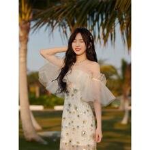 郑乃馨同款重工亮片刺绣花朵仙子网纱一字领修身女神连衣裙礼服