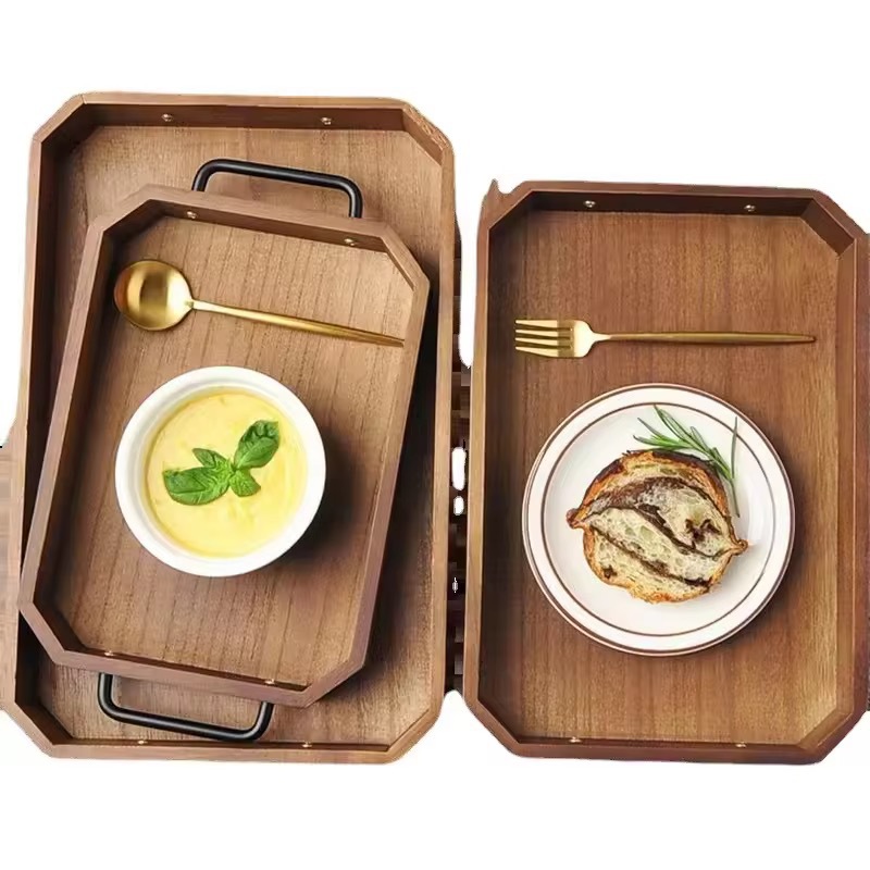 现代简约木制咖啡置物盘带把手木质甜点展示盘方形实木面包整理盘