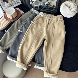 2024 Winter Children's Wear Boys' Children's fleece-lined Thickened Warm One-piece Cashmere Casual Trousers Children's Trousers Cotton Trousers Batch