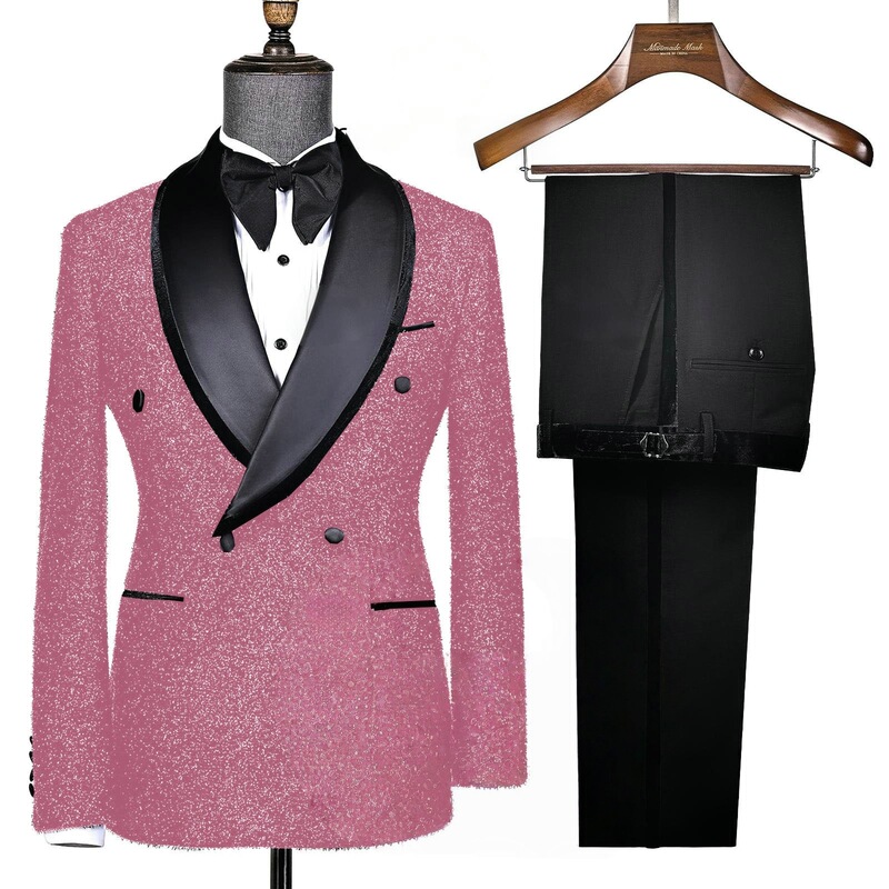 Cross-Border Foreign Trade Aliexpress Manufacturer Direct Sales Two-Piece Bright Silk Double-Breasted Prom Groom's Dress Men's Suit