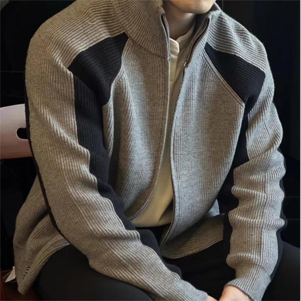 Strickpullover für Herbst und Winter, Herren-Cardigan mit kontrastierendem Reißverschluss, locker gestrickt_voghion.com