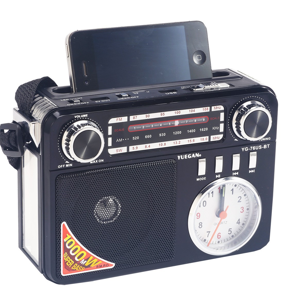 Radio multifuncional transfronteriza europea y americana iluminación de emergencia cargar teléfono celular con reloj recargable altavoz de tarjeta solar